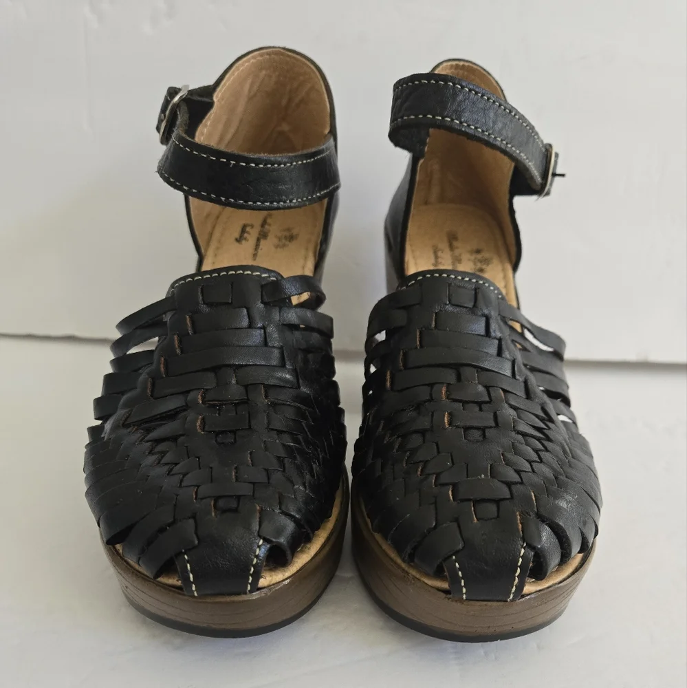 Black Leather Platform Ankle Strap Shoes size 6 Artisan made